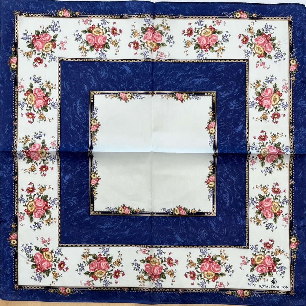 Royal Doulton Vintage Handkerchief Cotton Blue Floral Square Scarf Size 20”